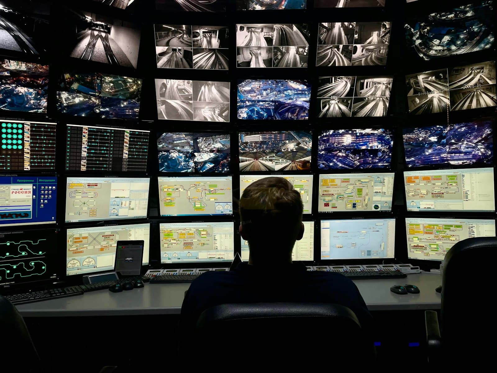 Operador monitoreando procesos industriales en una sala de control con multiples pantallas SCADA